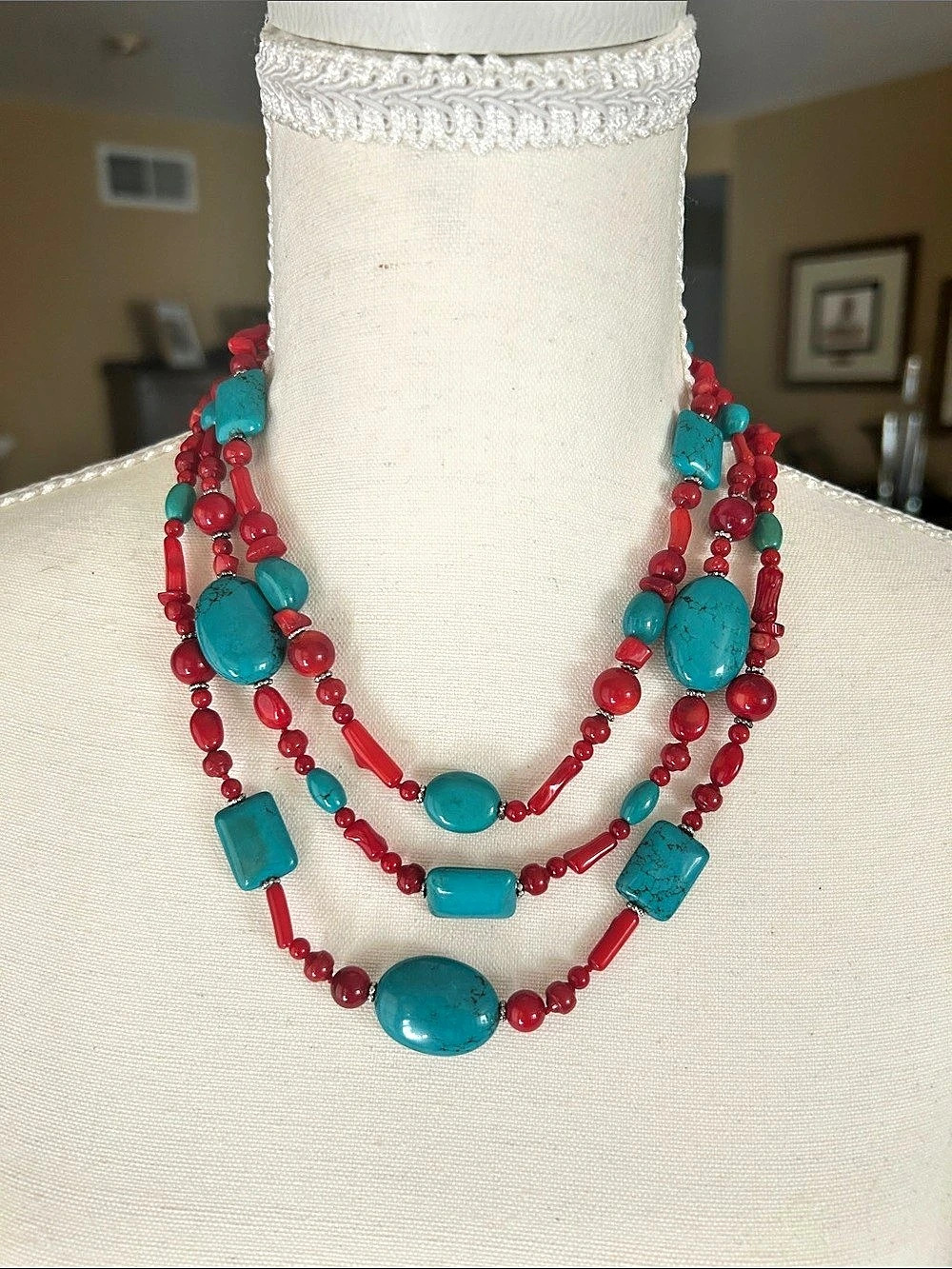 Layered Beaded Necklace in Red & Blue